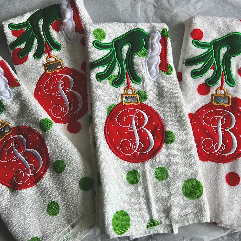 Handmade grinch polka dot initial kitchen towel